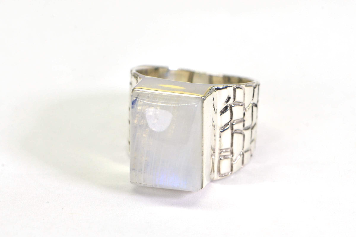 Sterling Silver Rectangle Moonstone Ring - Statement Ring for Men
