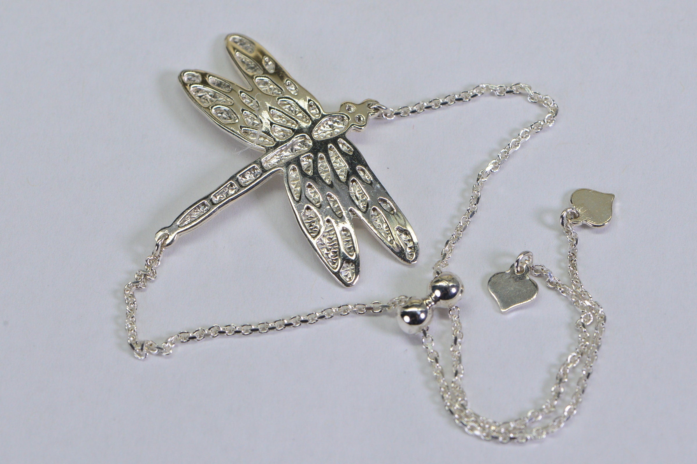 Sterling Silver Dragonfly Bracelet: Adjustable Bolo Style, Heart Detail