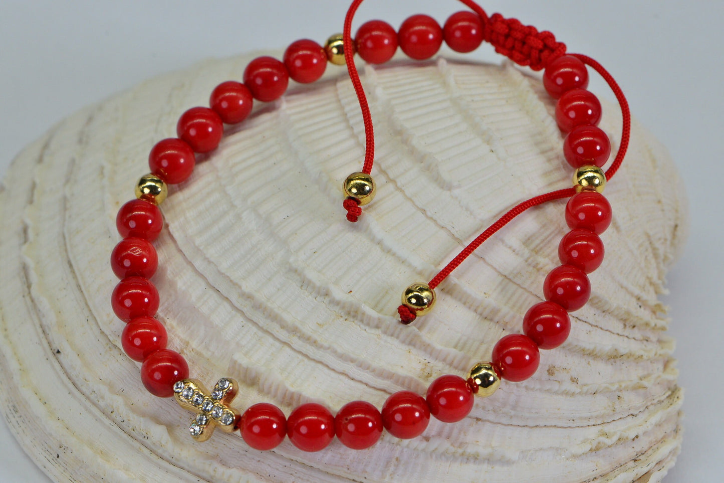 Red Coral Macrame Bracelet: Adjustable Knotted Cord, Gold Cross