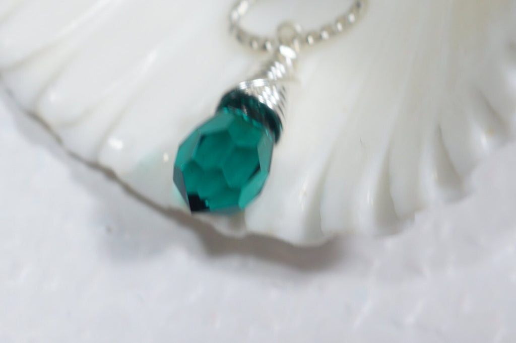 Wire Wrapped Emerald Crystal Sterling silver  Swarovski Teardrop Green Birthstone May Gift for Friends