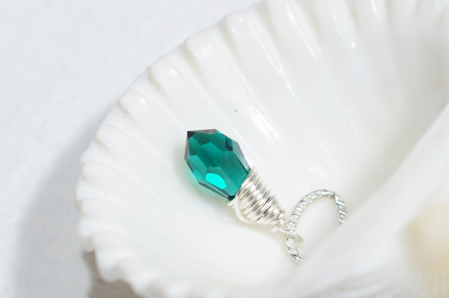 Wire Wrapped Emerald Crystal Sterling silver  Swarovski Teardrop Green Birthstone May Gift for Friends