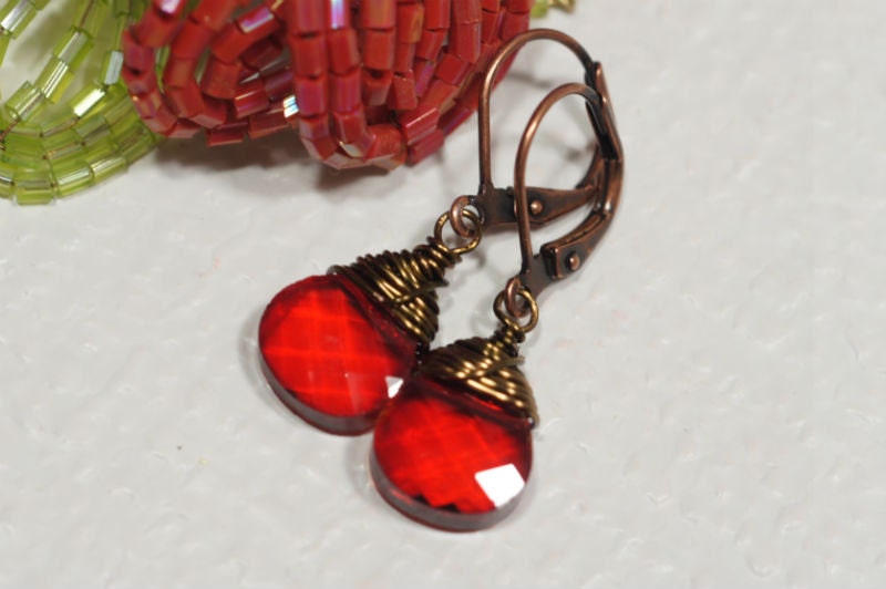 Red Crystal Briolette Earrings, Wire Wrapped Copper Jewelry