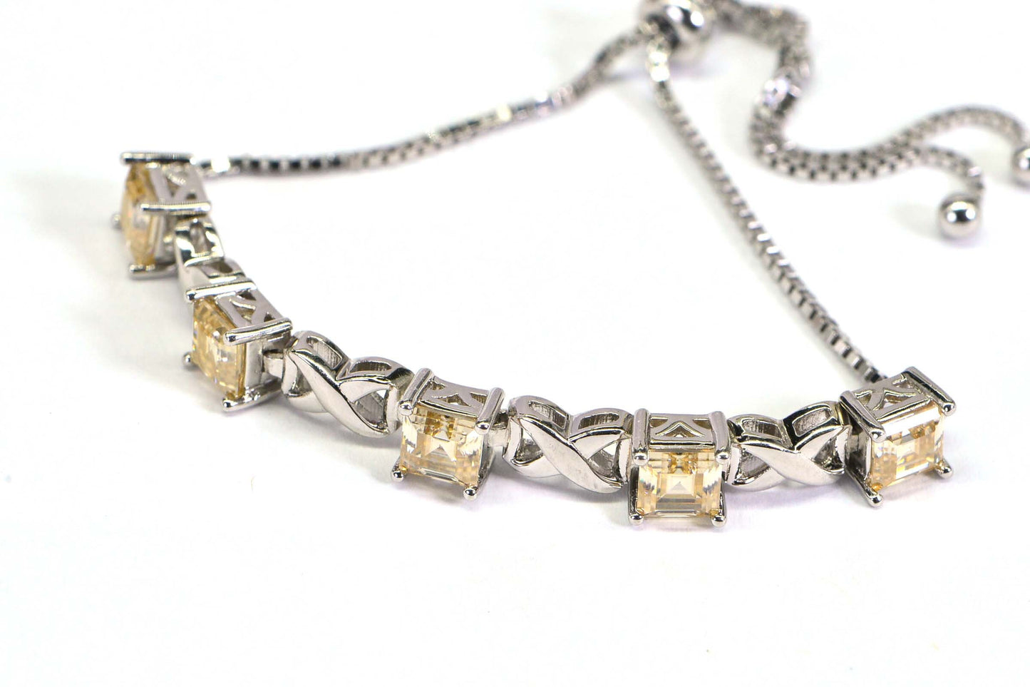 Yellow Moissanite Bolo Bracelet: Rhodium Over Sterling Silver, Adjustable