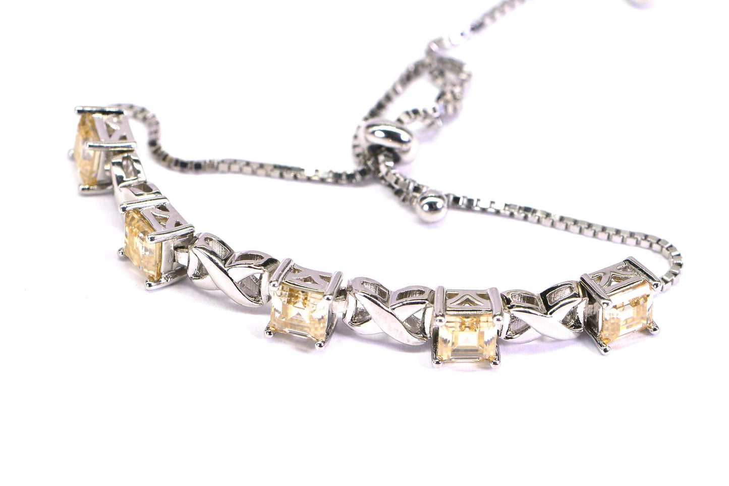 Yellow Moissanite Bolo Bracelet: Rhodium Over Sterling Silver, Adjustable