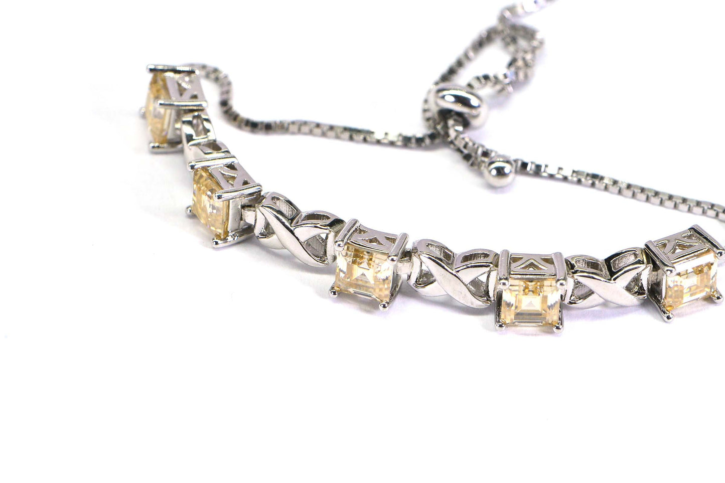 Yellow Moissanite Bolo Bracelet: Rhodium Over Sterling Silver, Adjustable