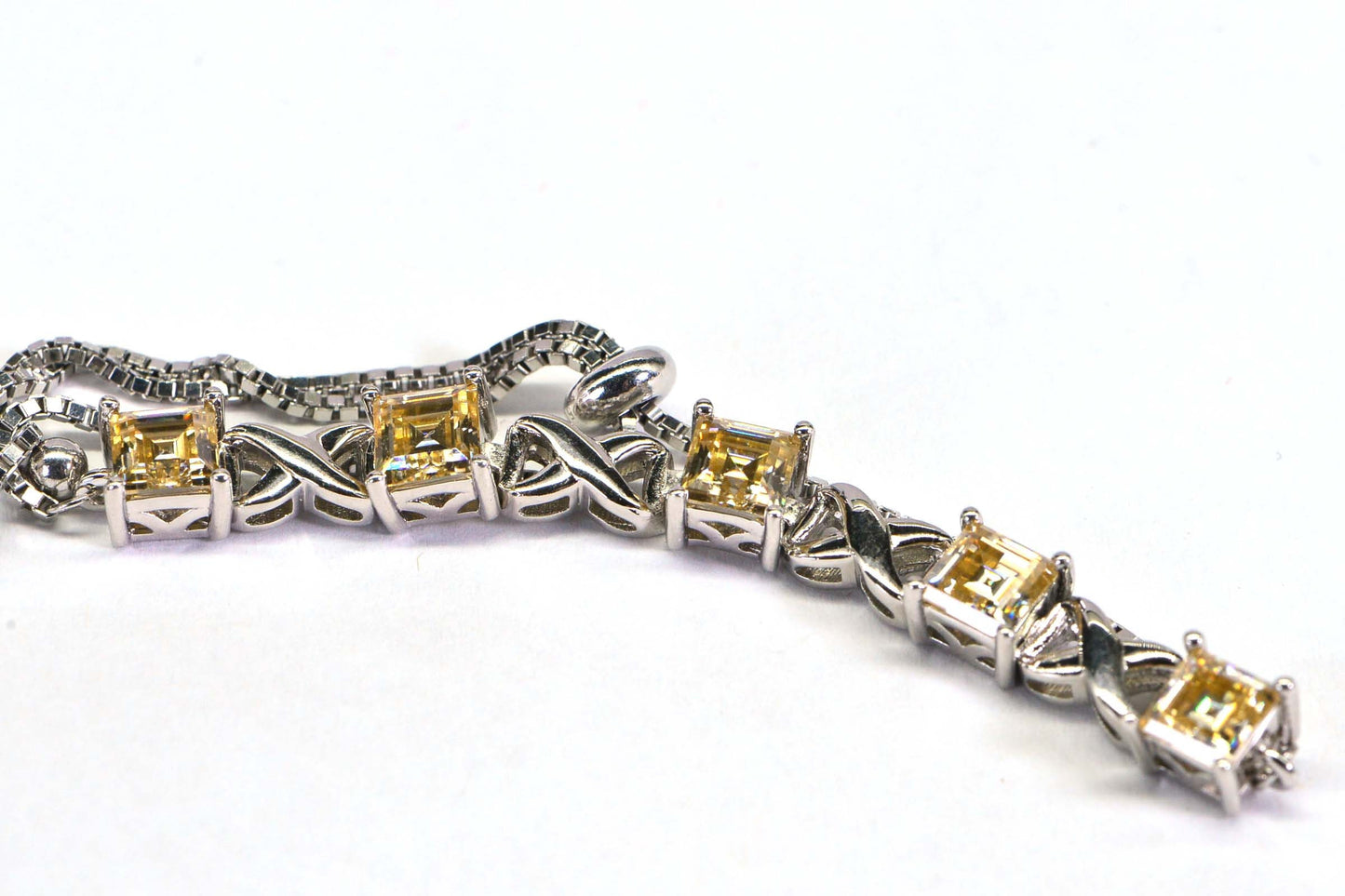 Yellow Moissanite Bolo Bracelet: Rhodium Over Sterling Silver, Adjustable