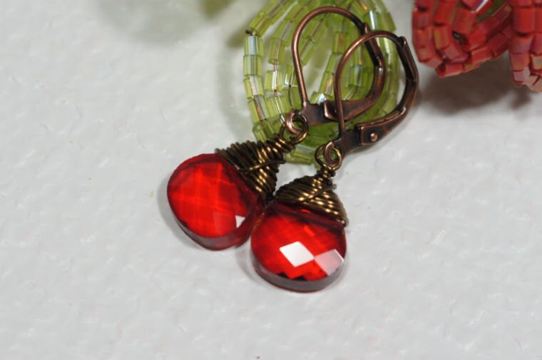 Red Crystal Briolette Earrings, Wire Wrapped Copper Jewelry
