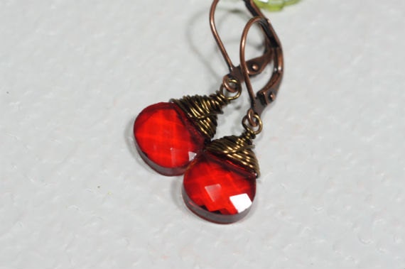 Red Crystal Briolette Earrings, Wire Wrapped Copper Jewelry