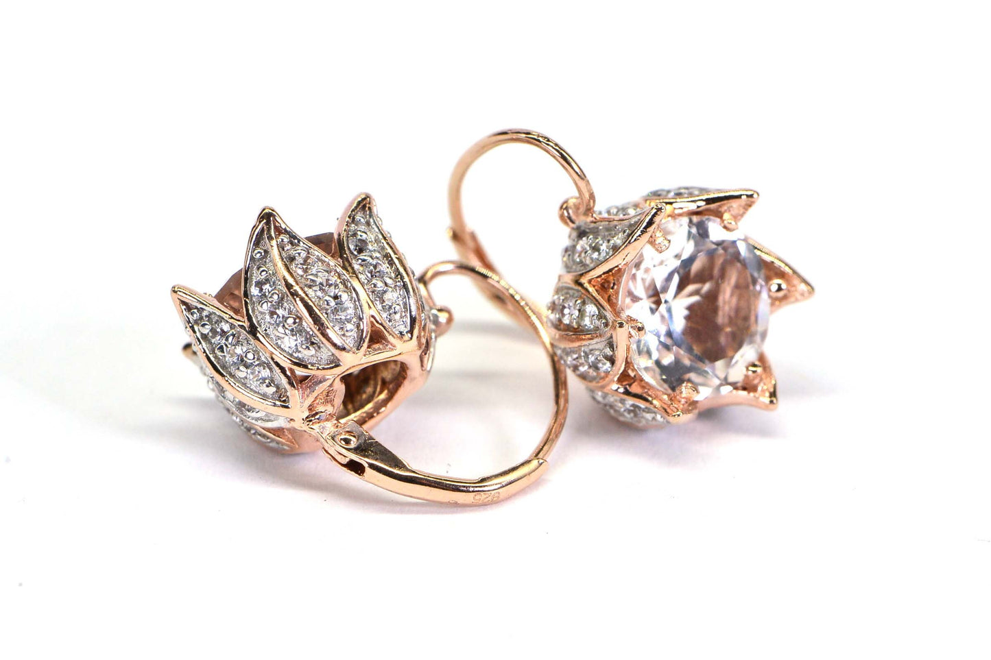 14K Rose Gold Flower Earrings: White Topaz Vintage Style