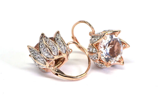 14K Rose Gold Flower Earrings: White Topaz Vintage Style