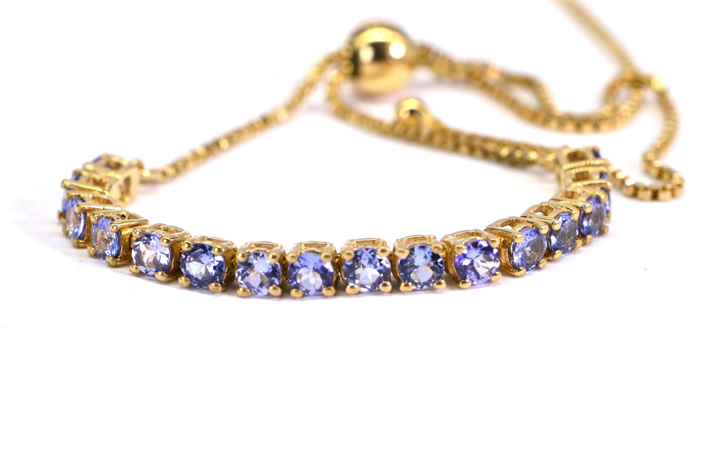 Natural Tanzanite Tennis Bracelet: 14K Yellow Gold Sterling Silver Bolo Bracelet