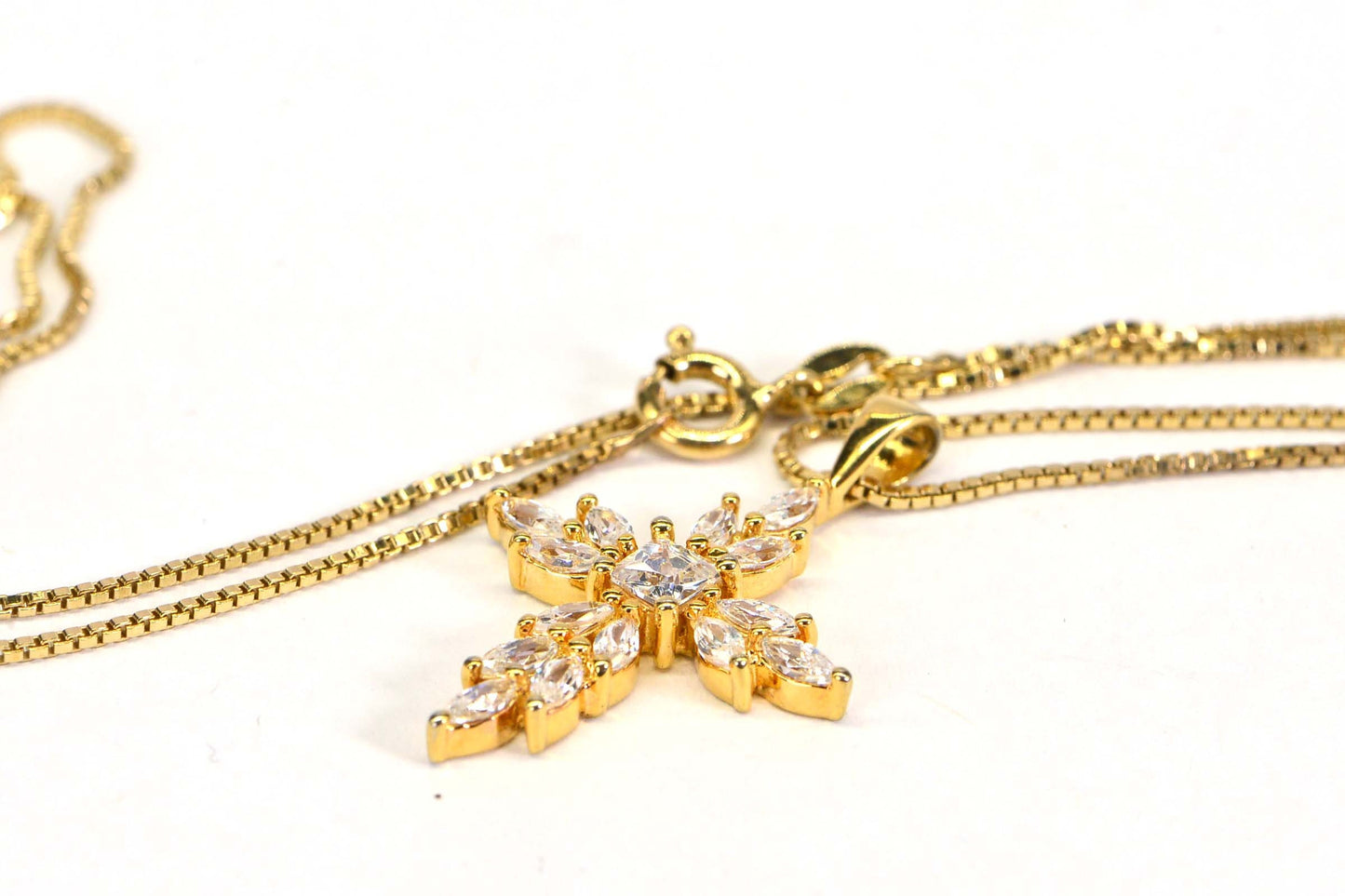 Marquise Cross Necklace: Simulated Diamond, 14K Yellow Gold Over Sterling Silver