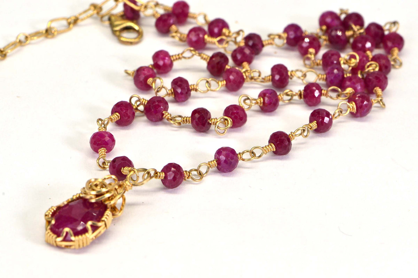 Ruby Rosary Necklace, 14k Gold Filled Wire Wrapped Pendant