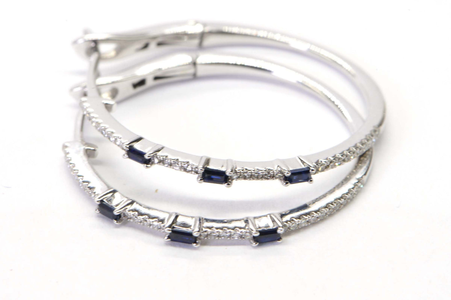 Sapphire Diamond Hoop Earrings, 14K White Gold Lever Back