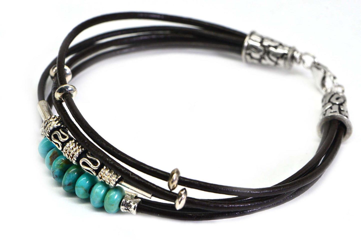 Nevada Turquoise Leather Bracelet, Sterling Silver Clasp, Bohemian Wrap