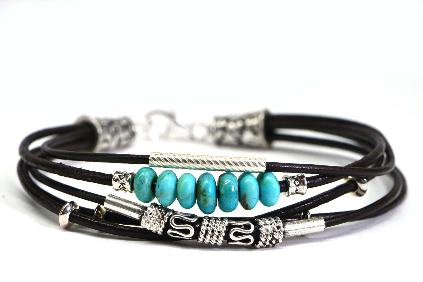Nevada Turquoise Leather Bracelet, Sterling Silver Clasp, Bohemian Wrap