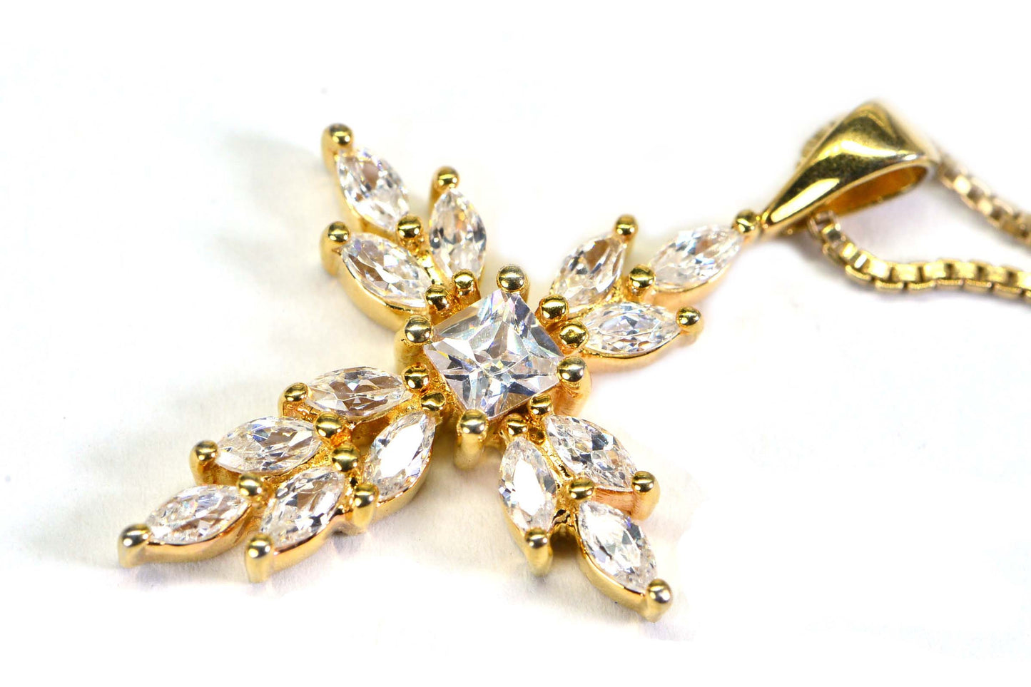 Marquise Cross Necklace: Simulated Diamond, 14K Yellow Gold Over Sterling Silver