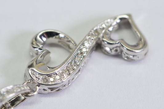 Vintage Diamond Double Heart Pendant: Sterling Silver Necklace