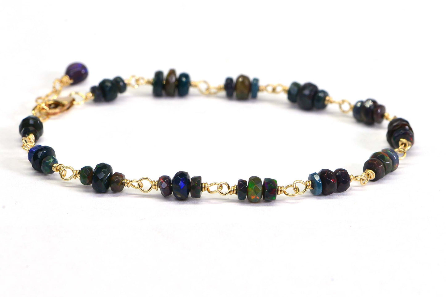 Ethiopian Welo Black Opal Bracelet, 14K Gold Filled Wire Wrapped Chain