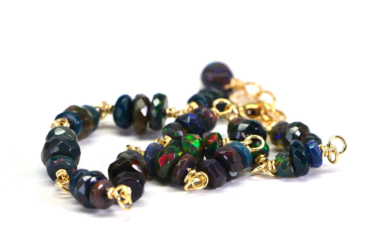 Ethiopian Welo Black Opal Bracelet, 14K Gold Filled Wire Wrapped Chain