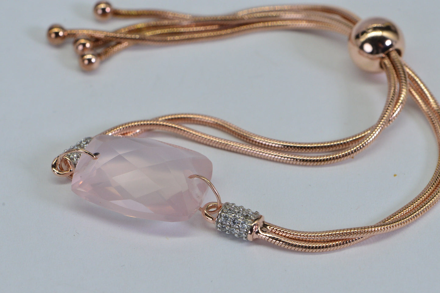 Rose Quartz Bolo Bracelet: Emerald Cut, 925 Sterling Silver, Adjustable