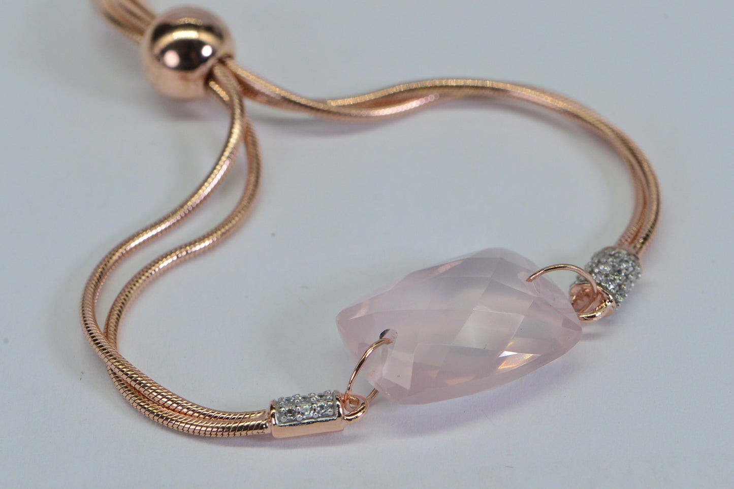 Rose Quartz Bolo Bracelet: Emerald Cut, 925 Sterling Silver, Adjustable