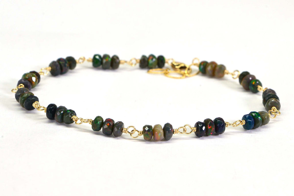 Black Opal Bracelet: 14k Gold Filled Chain, Gemstone Jewelry
