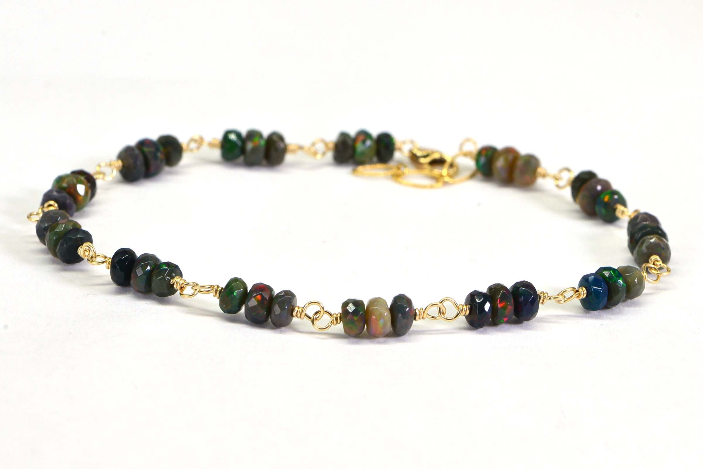 Black Opal Bracelet: 14k Gold Filled Chain, Gemstone Jewelry