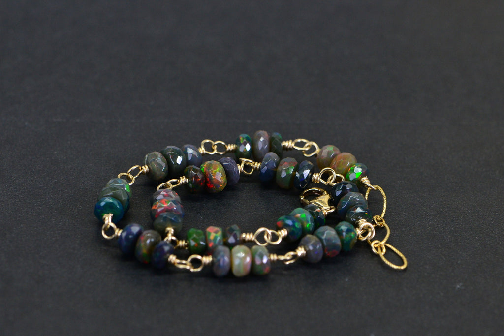 Black Opal Bracelet: 14k Gold Filled Chain, Gemstone Jewelry