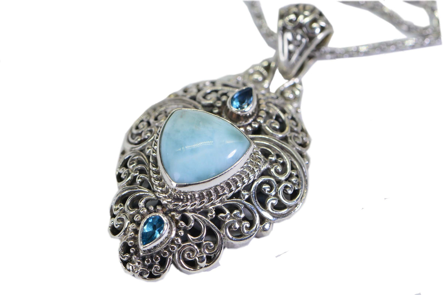 Filigree Larimar Pendant: Sterling Silver, Blue Topaz Necklace