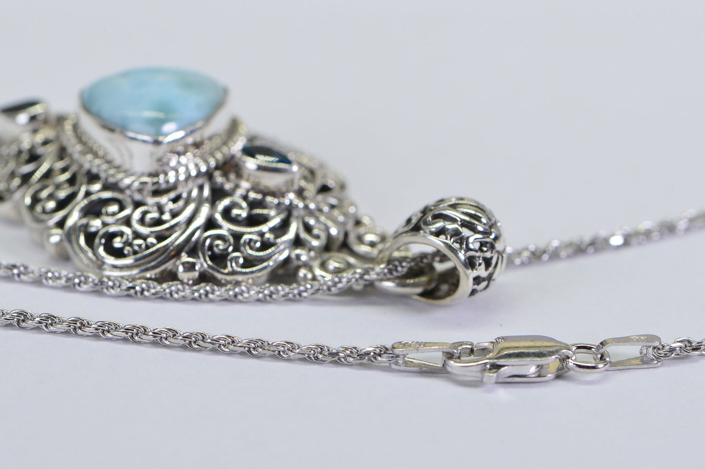 Filigree Larimar Pendant: Sterling Silver, Blue Topaz Necklace