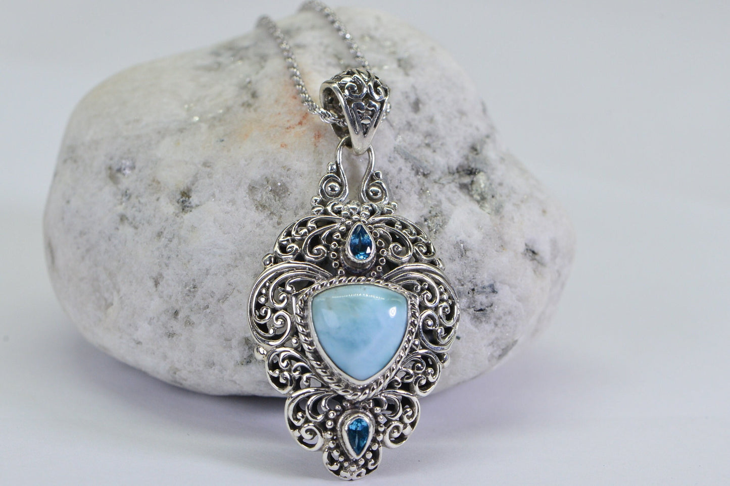 Filigree Larimar Pendant: Sterling Silver, Blue Topaz Necklace