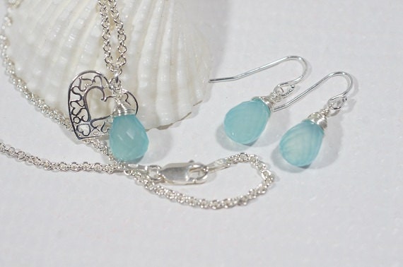Aqua Blue Chalcedony  Set Jewelry Pendant and Earrings Gemstone Jewelry