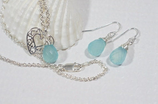 Aqua Blue Chalcedony  Set Jewelry Pendant and Earrings Gemstone Jewelry