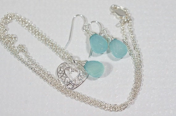 Aqua Blue Chalcedony  Set Jewelry Pendant and Earrings Gemstone Jewelry