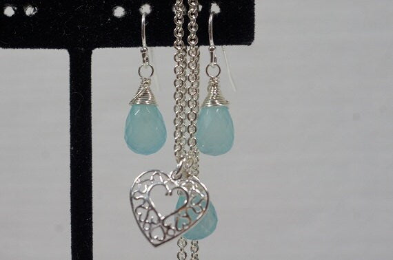 Aqua Blue Chalcedony  Set Jewelry Pendant and Earrings Gemstone Jewelry