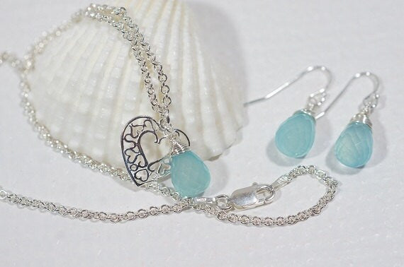 Aqua Blue Chalcedony  Set Jewelry Pendant and Earrings Gemstone Jewelry