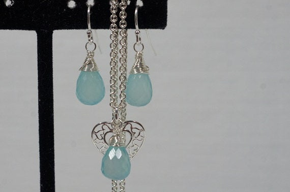Aqua Blue Chalcedony  Set Jewelry Pendant and Earrings Gemstone Jewelry