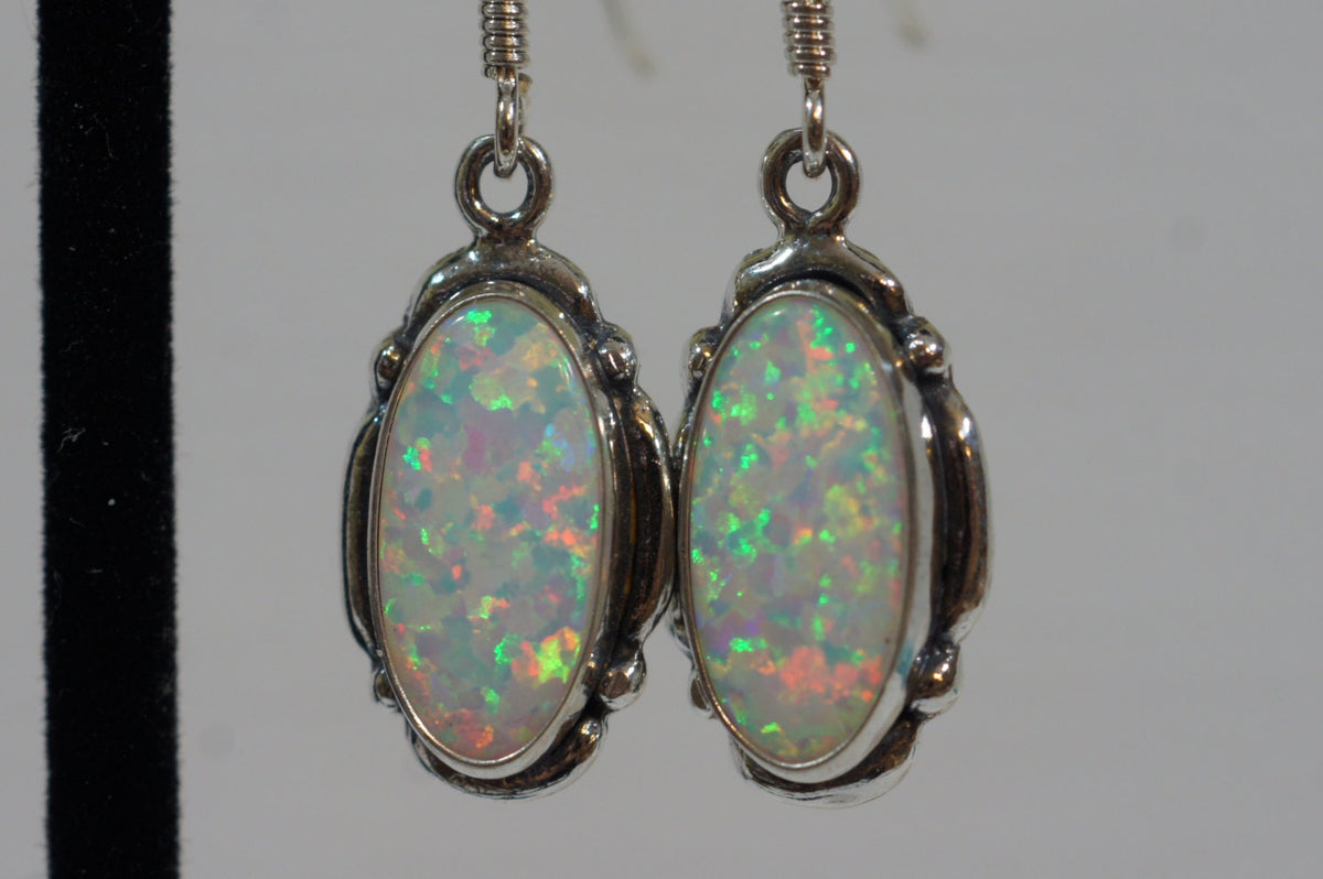 Sterling Silver Opal Dangle Earrings: Lab Created White Opal
