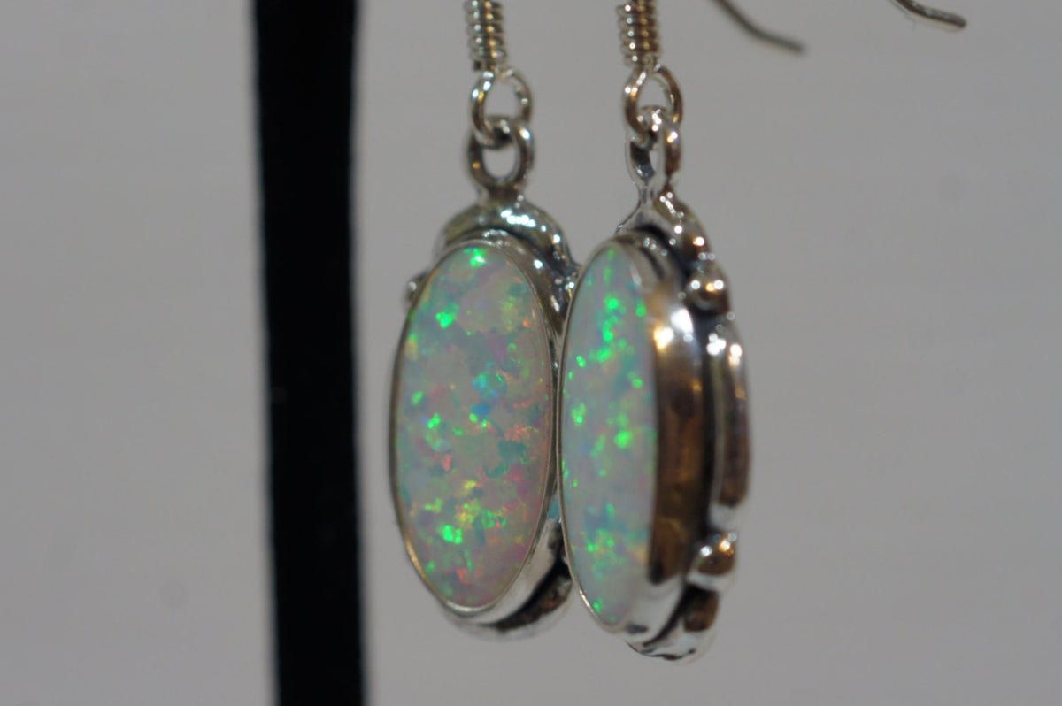 Sterling Silver Opal Dangle Earrings: Lab Created White Opal