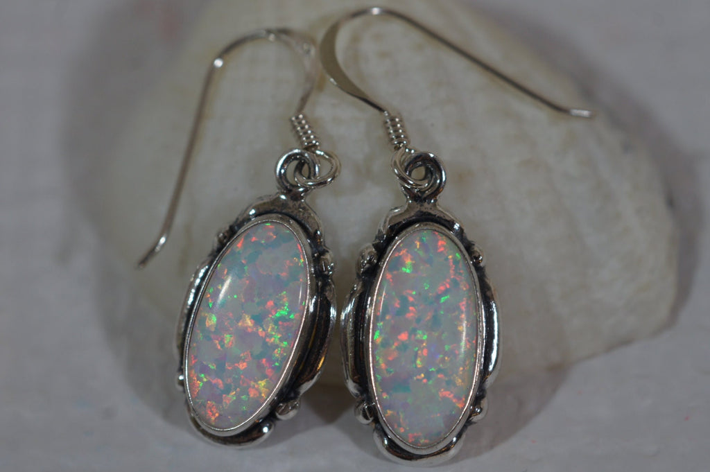 Sterling Silver Opal Dangle Earrings: Lab Created White Opal