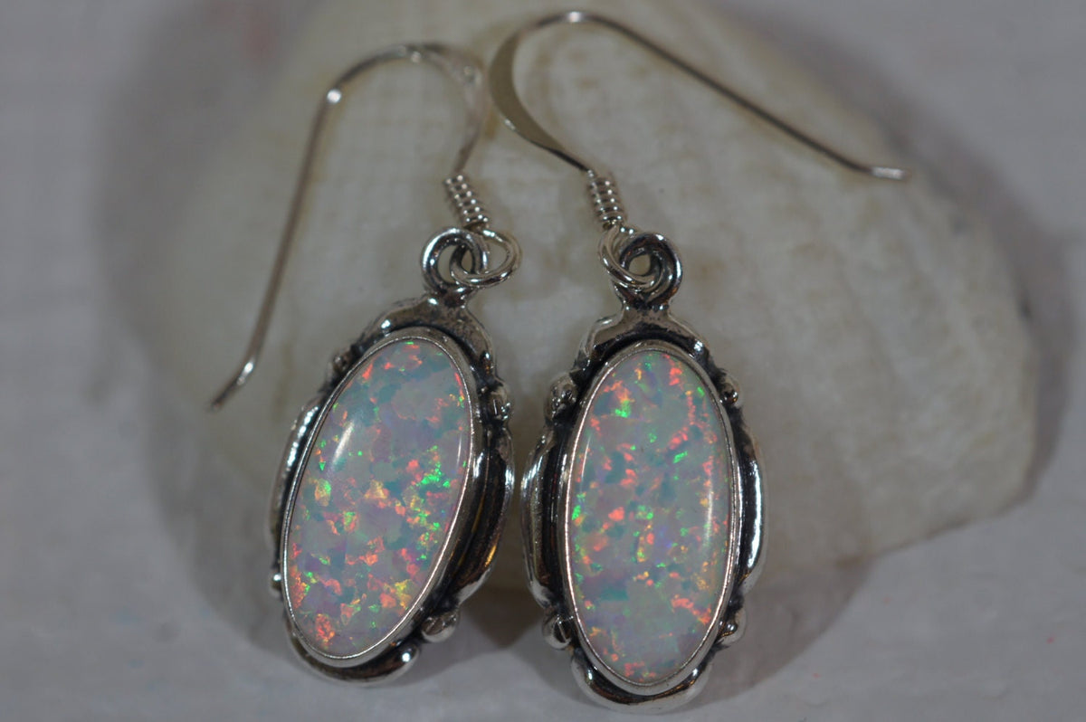 Sterling Silver Opal Dangle Earrings: Lab Created White Opal