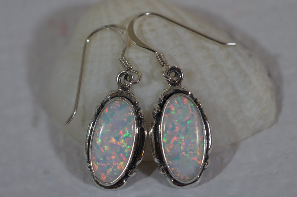 Sterling Silver Opal Dangle Earrings: Lab Created White Opal
