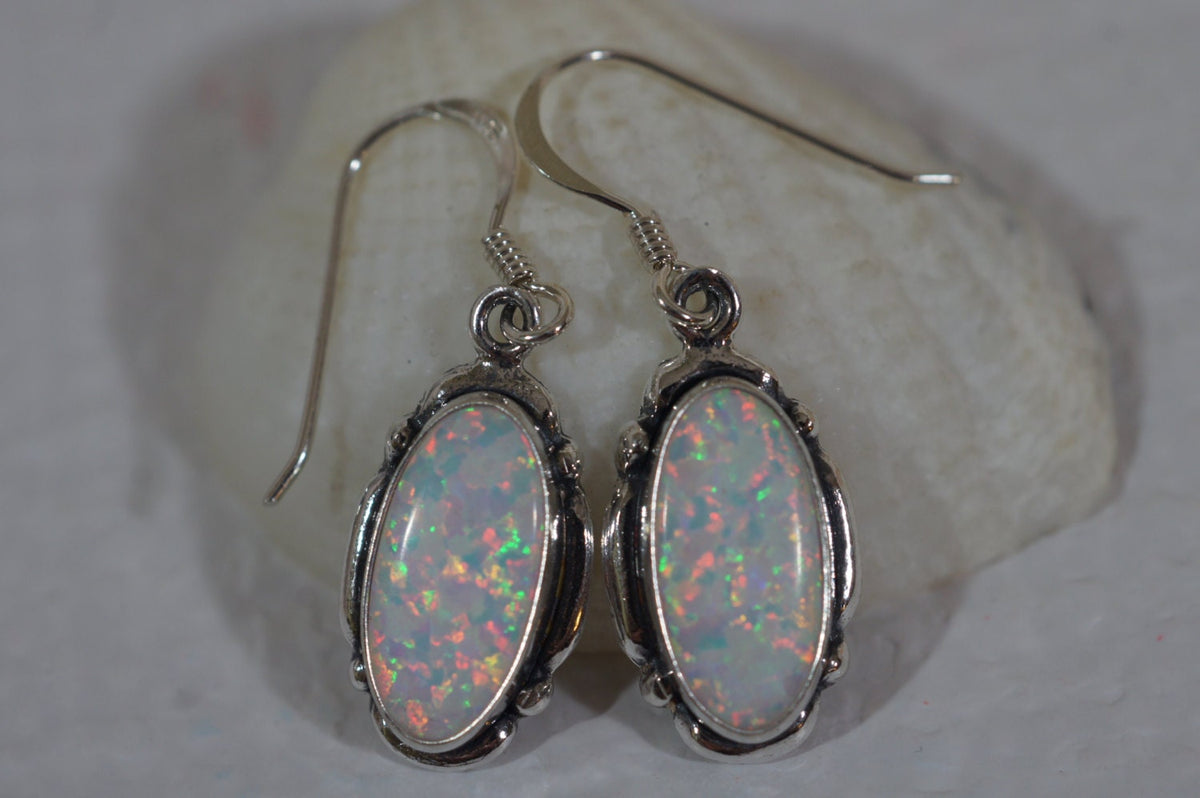 Sterling Silver Opal Dangle Earrings: Lab Created White Opal