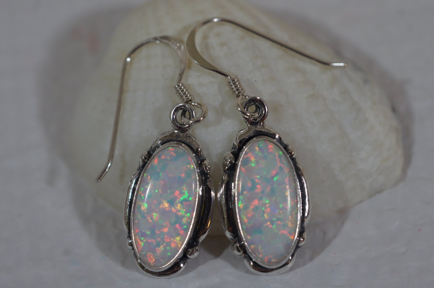 Sterling Silver Opal Dangle Earrings: Lab Created White Opal