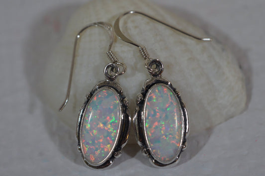 Sterling Silver Opal Dangle Earrings: Oval Bezel Set, Multicolor