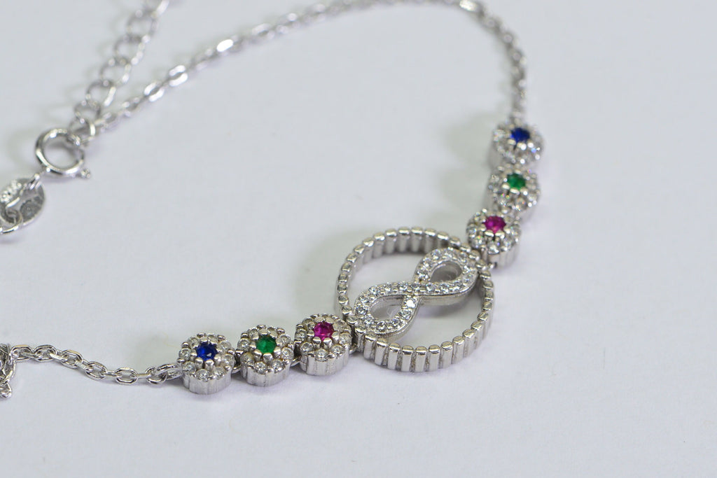 Sterling Silver Infinity Bracelet: Simulated Diamond, Ruby, Sapphire, Emerald