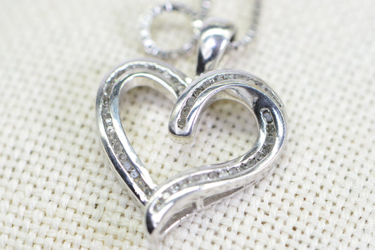 Diamond Heart Pendant Necklace: 14K White Gold over Sterling Silver