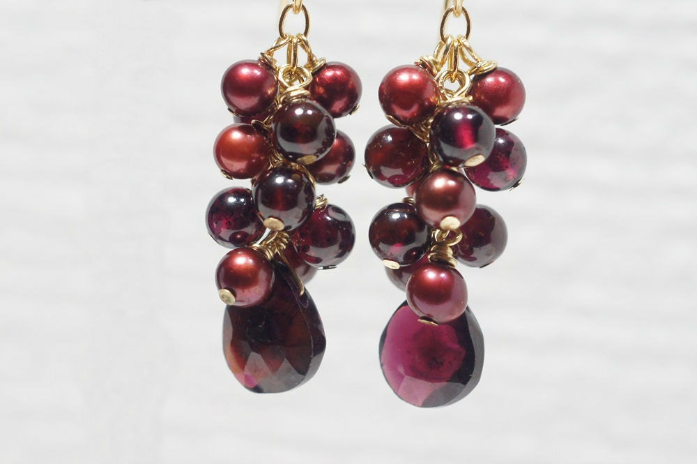 Garnet & Red Pearl Chandelier Earrings, 14K Gold Filled