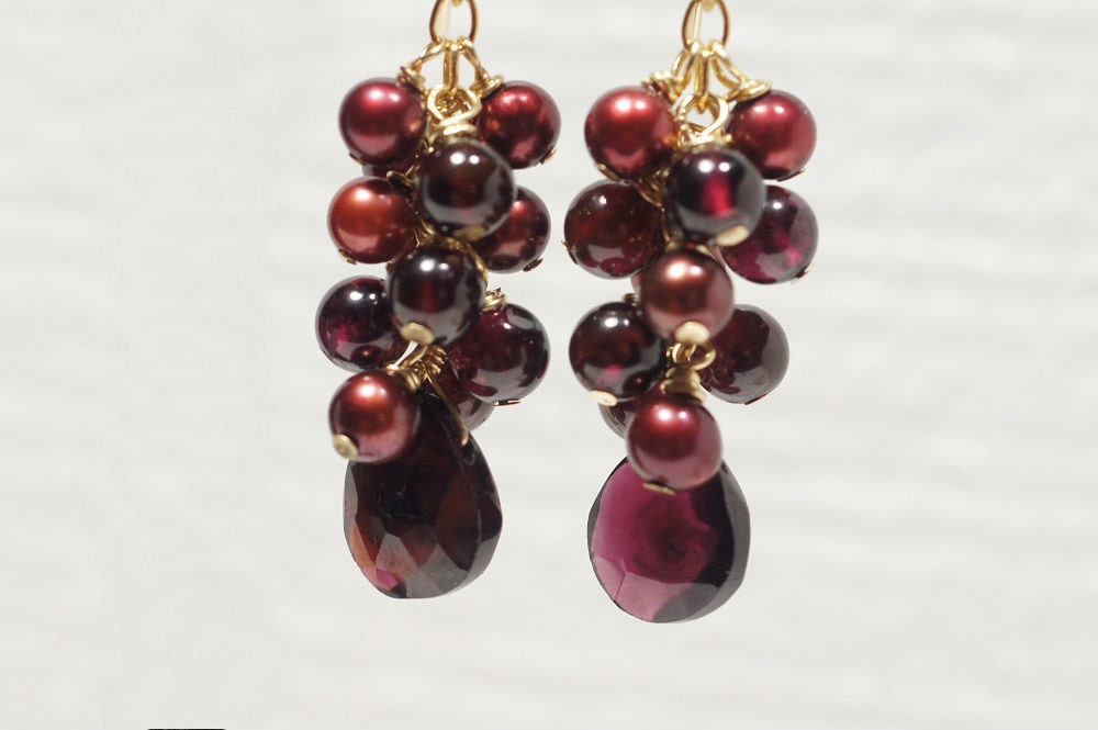 Garnet & Red Pearl Chandelier Earrings, 14K Gold Filled